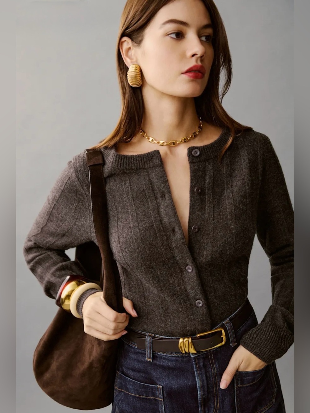 Medium Reformation Hannah Regenerative Wool Cardigan in Espresso